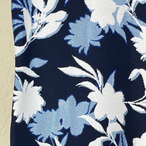 ~ St. John 10 Luxury Knit Midi Dress Navy Floral Cap Sleeve Flounce Hem Jacquard - Picture 13 of 16